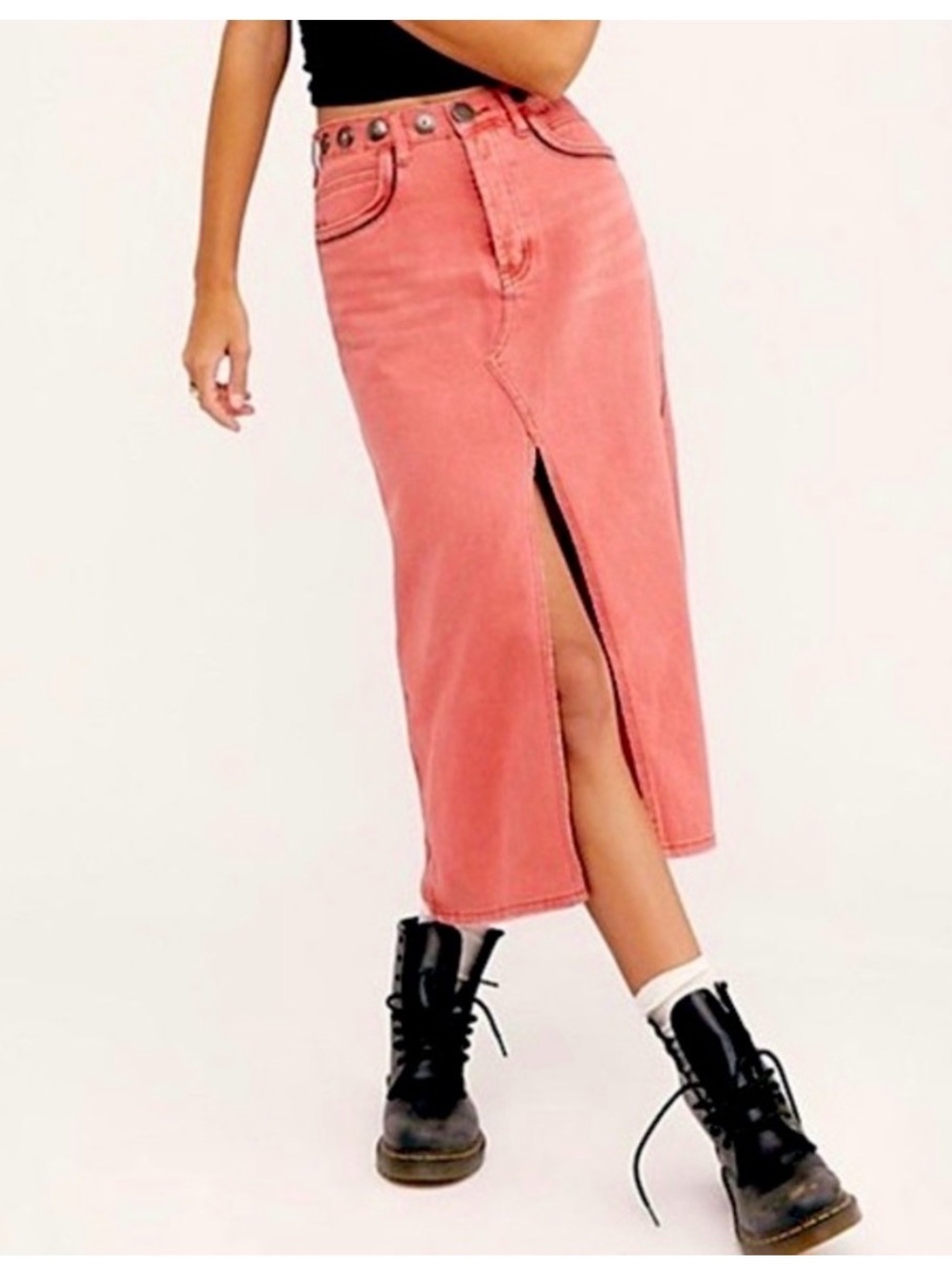 One Teaspoon Rocko Coral Studded Midi Denim Jean Skirt Front Slit Boho Western